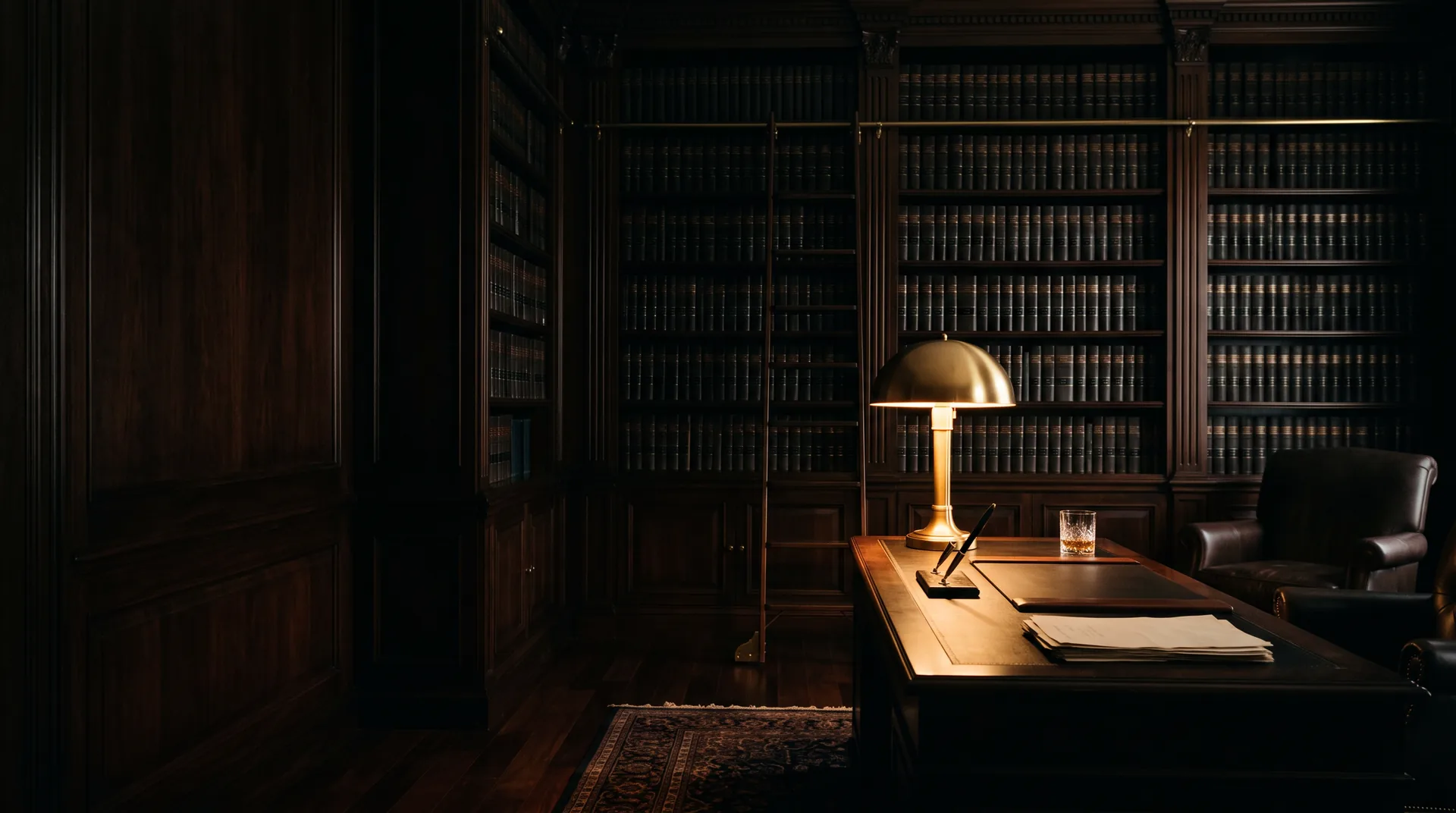 Anwaltsbibliothek mit dunklen Holzregalen und Messingleuchte